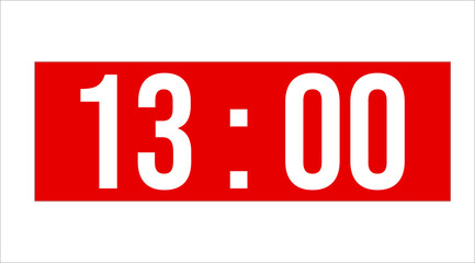 13 o'clock on a red rectangular retro wall clock. Vector image illustration with time stamp isolated on white background, vector, 13 hours, 13