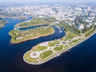 Aerial panoramic view of Yaroslavl cityscape with famous Strelka park and old Assumption Cathedral on sunny summer day, Russia..