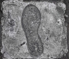 Shoe imprint in dried concrete sidewalk
