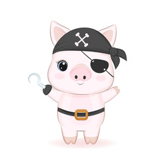 Cute pirate little pig cartoon animal watercolor illustration