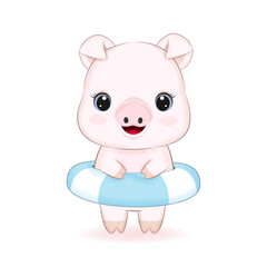 Cute Little Pig with a swim inflatable rubber ring