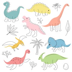 Cute dinosaurs and tropic plants doodle set. Funny hand drawn dinos.