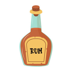 Glass bottle of rum. Alcoholic drink in cartoon style.