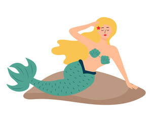 Mermaid girl sitting on a stone. Beautiful siren. Fairytale mystical woman with fish tail.