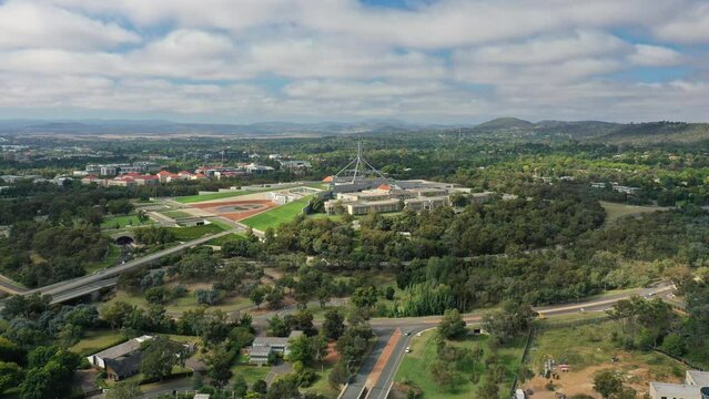 Aerial hyperlapse, dronelapse video of Parliament of Australia in Canberra