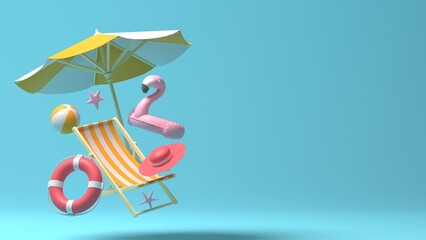 Summer Background with beach accessories. 3d rendering © Adriel