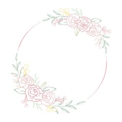手描きの薔薇の丸フレーム/ Hand-Drawn Rose Circle Frame, Wreath, Great for Invitation, Message Card