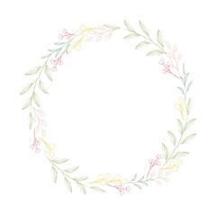 手描きの花の丸フレーム/ Hand-Drawn Floral Circle Frame, Wreath, Great for Invitation, Message Card