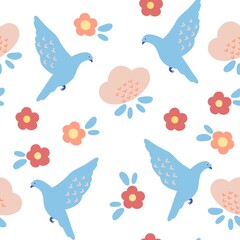 Cute seamless pattern with flying birds in the sky. Animal print design for baby fabrics. Repeating background with birds