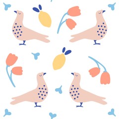 Seamless pattern with pigeons, flowers and leaves