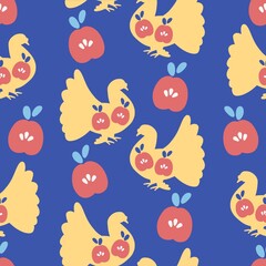 Bright seamless pattern with birds. Animal print design for baby fabrics. Repeating blue background with pigeons, flowers and apples