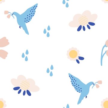 Seamless pattern with the image of a dove of peace, flowers. A flower in the beak. Boho style.