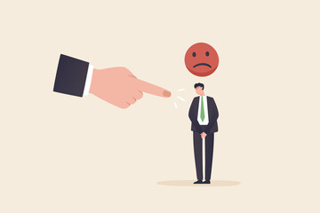 Huge hand pointing at confused business person. Demotivation from failure, mistake or negative feedback, no passion or burnout from exhausted work.