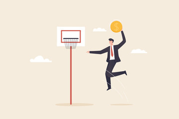 Business goals, success, find new goals in doing business. Ambition in job duties. Career challenges or motivation to win races.  Businessman jumping holding money coin to slam dunk basketball hoop.
