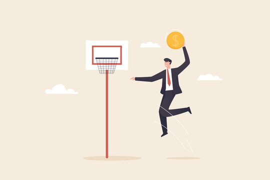 Business Goals, Success, Find New Goals In Doing Business. Ambition In Job Duties. Career Challenges Or Motivation To Win Races.  Businessman Jumping Holding Money Coin To Slam Dunk Basketball Hoop.