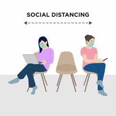 Social distancing to avoid spreading corona virus. Flat design vector illustration