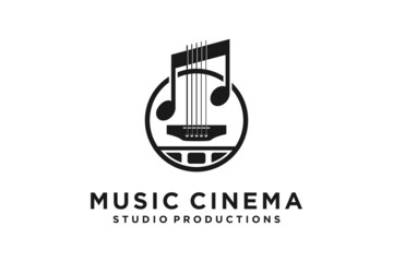 Film Reel and Guitar Strings Instrument for Movie Music Soundtrack logo design