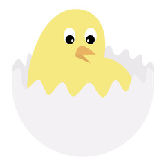 The chick hatched from the egg. Color vector illustration. Yellow baby chicken. A cute chick sits in a cracked eggshell. Isolated background. Flat style. Idea for web design, invitations, postcards. 