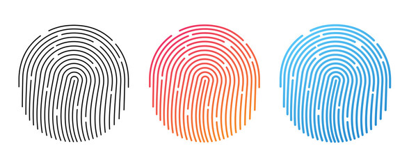 Fingerprint icons set. Personal id identity. Press finger, scan for safety.  Unique touch id. Individual fingertip is verification in police. Semi-simplified fingerprint on white background