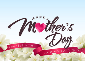 Mother's Day sale discount promotion. White blooming flowers background and dark pink ribbon. Realistic EPS file.