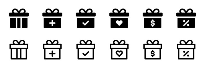 Present box icon set. Gift box icon collection on black and white design.