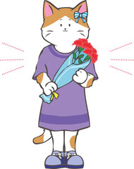 カーネーションの花束を持つ女の子の子猫