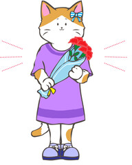 A personified gilr kitten  holding a bouquet of carnation flowers 