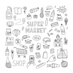 Hand drawn set of healthy food ingredient doodles with lettering in vector