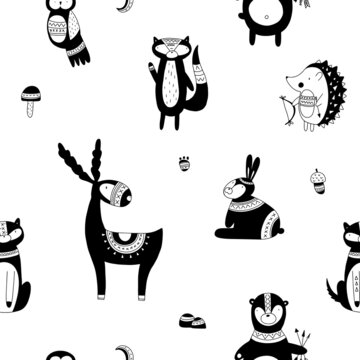 Seamless pattern of Scandinavian animals, hand drawn on a white background. Textile wrapping paper decor, vector print wallpaper.