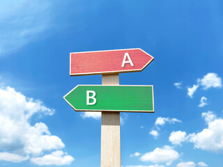 AとBの文字入りカラー道しるべと青空_真ん中