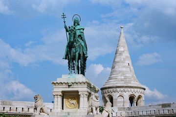 Fototapeta na wymiar Statue of Saint King Stephen, Hungarian national hero, by the Fishermen's Bastion on Castle Hill