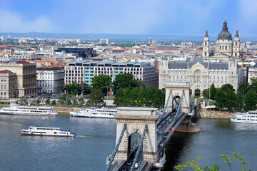 Fototapeta premium Budapest, Chain Bridge and Basilica viewe from across the Danube River