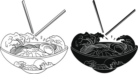 Traditional Japanese ramen and wave for restaurant printing on wallpaper.Ramen vector illustration for doodle art.Sunrise with chopsticks vector for painting on background.