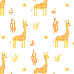 Childish seamless pattern with cute giraffe. Drawn pattern with giraffe and plants Vector illustration.