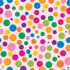 Multi-colored circles of similar sizes scattered on soft pink background. Simple pattern seamless vector.
