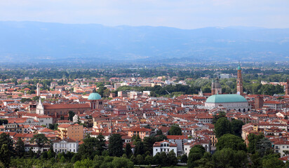 Fototapeta na wymiar Panorama of the city of Vicenza in the Veneto Region in Northern Italy and large monument called Basilica Palladiana