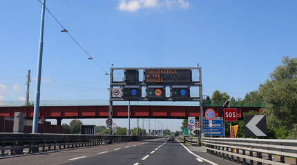 road sign of the highway near Venice in Northern Italy and the inscription meaning Ring Road of Mestre at three lanes