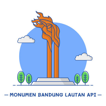 icon illustration of Bandung Ocean of Fire Monument, located in Tegal Lega Park, Bandung, Indonesia, blue and white background.