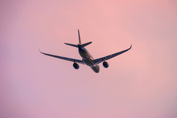 Air transportation system used to transport people and goods by air. Fresh blue sky, colorful sky wide airplane, pink and pastel color of sky, sunlight and sunset view.