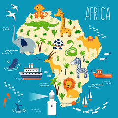 Africa cartoon travel map vector illustration, wild animal decorative symbol, African background, adventure doodle illustration wild life, poster design continent travel fantasy wallpaper for play kid