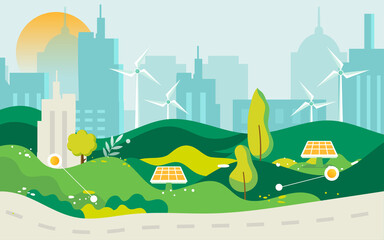 Green wind power generation with windmills and city in the background, eco-friendly life, vector illustration