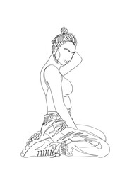 A woman sitting is drawn in one line art style. Body expression. Printable art.