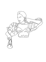 Women posing in elegant dress is drawn in one line art style. Body expression. Printable art.