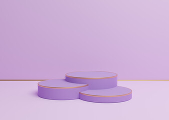 Light, pastel, lavender purple 3D rendering simple product display with three podiums or stand with golden line minimal background composition for luxurious products