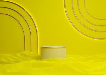 Obraz premium Bright, neon yellow 3D rendering luxurious product display cylinder podium or stand with golden lines minimal composition with an arch geometric shining lights