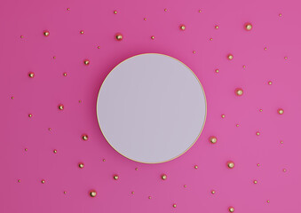 Bright magenta, neon pink 3D rendering luxury product display podium or stand minimal to view flat lay composition with gold and golden marbles drops simple background from above