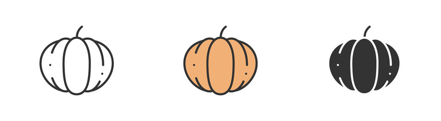 Simple minimalism pumpkin icons in modern style for web apps. Outline, colorful and glyph vector flat illustration