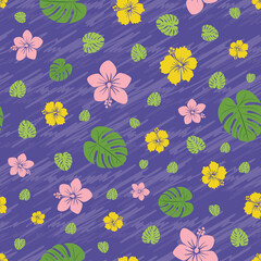 Vector hibicus yellow and pink flowers with plam leaves seamless pattern background