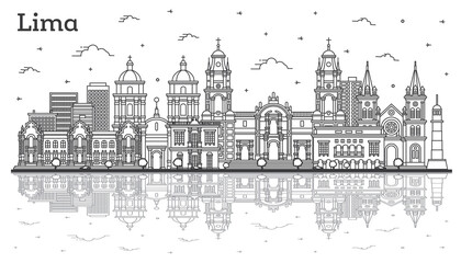 Outline Lima Peru City Skyline with Modern and Historic Buildings and Reflections Isolated on White.