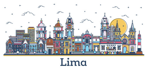 Outline Lima Peru City Skyline with Modern and Historic Colored Buildings Isolated on White.
